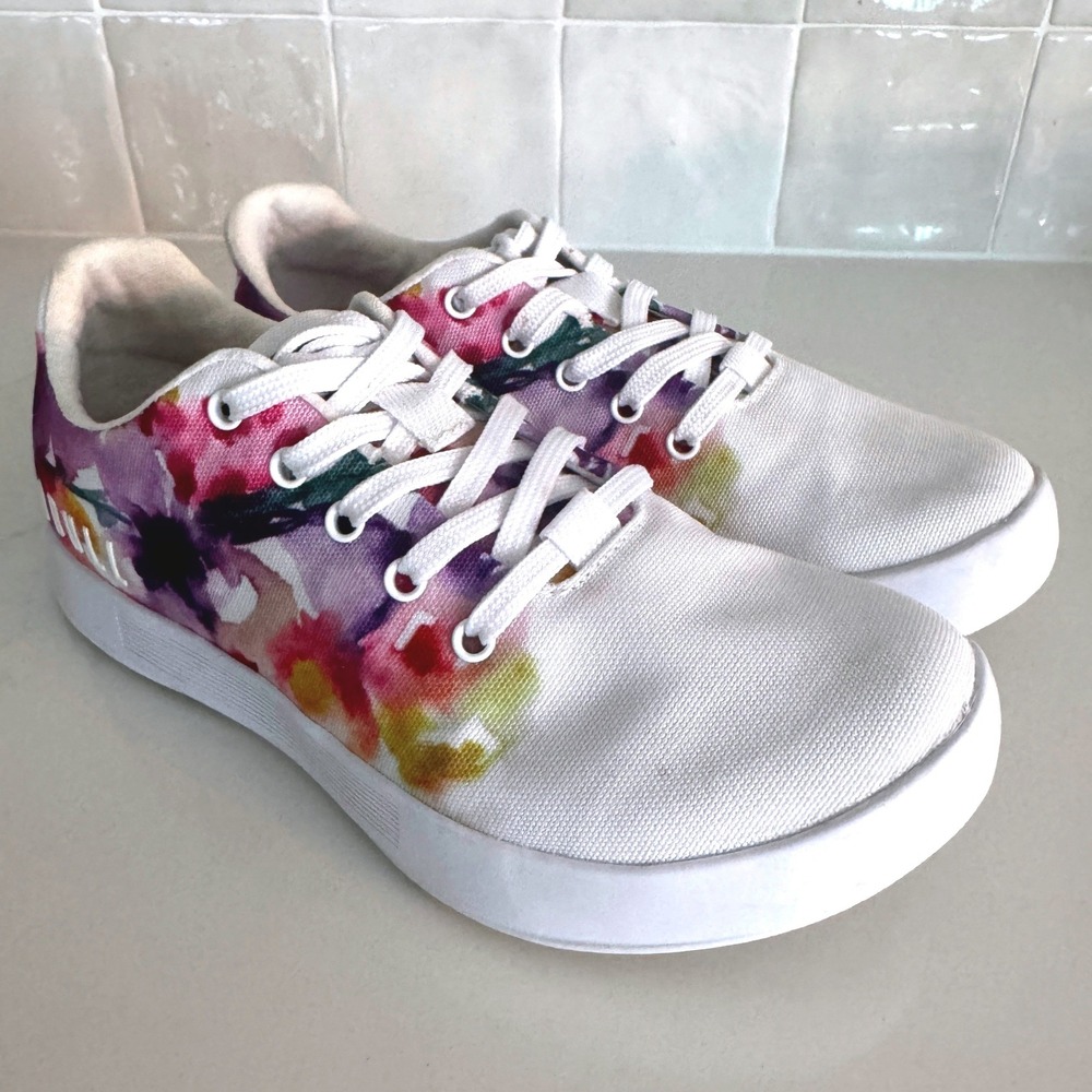 NoBull Canvas Trainer Sneakers Womens 5 White Watercolor Floral Low Top Lace-Up